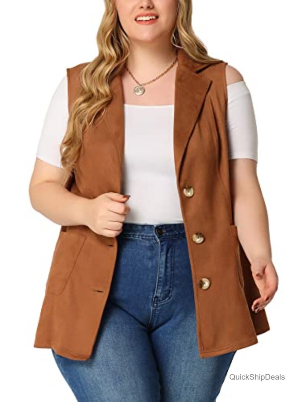Plus Size Faux Suede Utility Vest Sleeveless Casual Outerwear